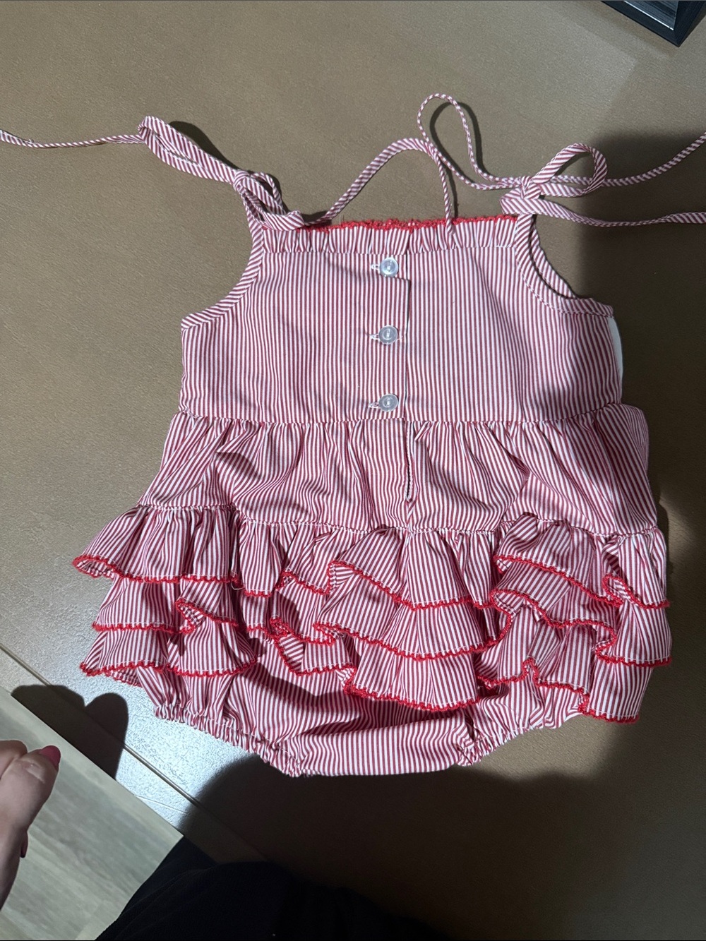 Stitchy Fish Red Striped Baby Romper with Minnie Mouse and Bow Accents - Picture 4 of 6
